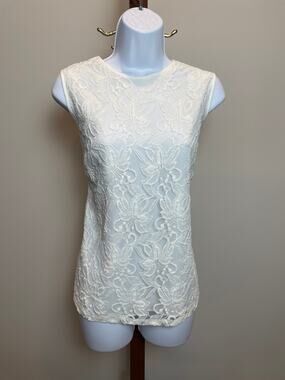 Kasper Size L White Sleeveless Tunic Top with Floral Lace Overlay